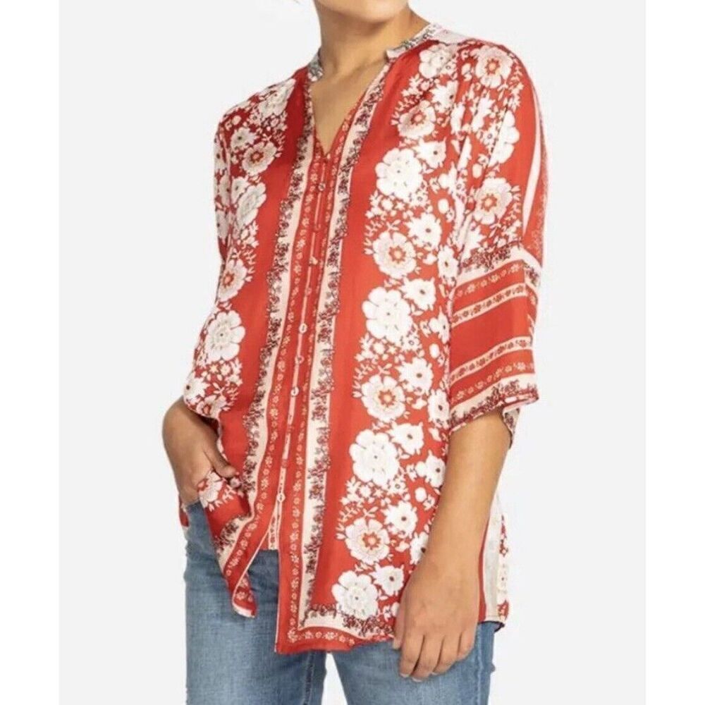 Johnny Was Zoi Silk Button Down Top Blouse Red Floral Women’s XS